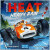 Board game titled "Heat: Heavy Rain" featuring art of a orange racecar with the number four in a white circle on its hood. The driver, wearing a orange helmet and goggles, drives around a turn as rain pours down around them. Behind them, a green racecar can be seen coming over a bridge.