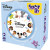 A board game titled "Spot It! Disney" in the center of a white circle with characters from different Disney and Pixar animated movies around the perimeter.  Outside of the white circle is a baby blue box with the game logo and a purple hand that has a cartoon eye, mouth, and feet.