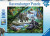 A puzzle with the words “Ravensburger Puzzle” at the top and the number ‘100’ along the left side of the white and blue bordered cover.  Below is an image of the finished puzzle, which features a scene from a tropical rain forest in which animals of all shapes and sizes wade or sit in a pond at the base of a waterfall.  Many are in pairs and have baby animals with them .