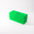 A long, bright green, cloth deck box with an emblem embossed on the magnetically secured lid: a shield with a dragon reading a book.