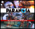 Board game titled Paranoia: The Uncooperative Board Game featuring the title "Paranoia" in black lettering over a white banner, the subtext "the Uncooperative Board Game" in white lettering over a red banner, and images of sci-fi action scenes behind the banners, including a person being shot at with lasers, people with sci-fi weaponry, and people walking away from a pile of ash surrounding a pair of boots.