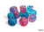 A pile of translucent blue-green and pink swirled 6 sided dice with blue number pips.