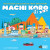 A board game titled "Machi Koro: The Harbor and Millionaire's Row Expansions" in white and yellow font across the top of the cover.  The art below is a minimalist design depicting a city with orange and yellows behind it and a harbor before it.