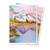 Trading car protective sleeves with prints of Bob Ross' "Mighty Mountain Lake", which features a snowy mountain and a large, calm lake bordered by coniferous and evergreen trees.