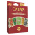 A board game expansion titled "CATAN: The Game - Replacement Cards" in large, yellow font at the top of the cover.  The background is a bold red, and below is art of a spread of cards.  Each card features a resource in the game, which are, from left to right: bricks, logs, sheep, wheat, and stone.