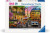 A puzzle with the words "Ravensburger Puzzle" and the number '1000' at the top of the white bordered cover.  In the middle is an image of a Parisian street of cobblestone.  Carts and bikes line the sides, a car drives in the foreground, bakeries and other storefronts shine, and the Eiffel Tower can be seen in the distance back-dropped by a sunrise.
