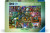 A puzzle with the words "Ravensburger Puzzle" and the number '1000' at the top of the white bordered cover.  In the middle is an image of a series of bookshelves with fantasy characters, creatures, and buildings sprawled atop and between them.  All are medieval European in design and very colorful.
