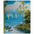 A cloth card binder with a print of a painting by Bob Ross titled "Lakeside Path", which features a crystalline lake flanked by grassy shores and birch trees.