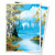 Trading car protective sleeves with prints of Bob Ross' "Lakeside Path", which features a crystalline lake flanked by grassy shores and birch trees.