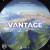 Board game titled "Vantage" featuring art of a planetscape featuring a volcano surrounded by green land, in the distance is a desert, followed by a snow-covered mountain. Board game titled "Vantage" featuring art of a planetscape featuring a volcano surrounded by green land, in the distance is a desert, followed by a snow-covered mountain.
