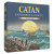 This is the cover for the game 'Catan - Explorers and Pirates Expansion.' It is a seascape with ships at sea in front of a setting sun. People gather at the shoreline with various goods and wares. This is the cover for the game 'Catan - Explorers and Pirates Expansion.' It is a seascape with ships at sea in front of a setting sun. People gather at the shoreline with various goods and wares.