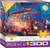 A puzzle titled, “VW Beach Fun,” at the bottom in several different languages, with the artist's name right above it.  The company logo “Eurographics Puzzle” is in large font along the bottom, and number ‘300’ right next to it in the cover’s purple border.  In the center is what the completed puzzle looks like: a vibrant painting of a hippy van painted with flowers parked on the side of the road right in front of the ocean.  A full moon hangs bright in the dark blue night sky above.