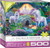 A puzzle titled, “Unicorns in Fairy Land,” at the bottom in several different languages, with the artist's name right above it.  The company logo “Eurographics Puzzle” is in large font along the bottom, and number ‘500’ right next to it in the cover’s green border.  In the center is what the completed puzzle looks like: two white horses with horns in a vibrantly colored forest with a castle surrounded in towers off in the distance.