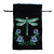 A black dice back with draw strings and an embroidered image of a green dragonfly flanked by blue flowers on green vines.