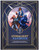 An RPG book titled "Cosmere RPG: Stormlight Handbook" across the bottom ov the primarily dark blue cover with gold lines forming  a border around the outside and a circular portrait.  The art features three characters: a red-haired woman with pale skin in blue clothes holding a long, curved sword; a tan man with black hair wearing blue clothes and holding a spear; a person in blue plate armor holding a very large sword.