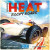 A board game titled "Heat: Rocky Roads" in large font at the top of the cover.  The art below depicts a sleek, long, white, European racing car on a dusty asphalt road.  The sun is reflecting off the paint and the driver's helmet, and the sky is bule and mildly cloudy above.