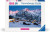 A puzzle with the words “Ravensburger Puzzle” at the top and the number ‘1000’ along the left side of the white bordered cover.  Below is an image of the finished puzzle, which features a sunset scene with just enough light to illuminate a small collection of wooden houses, all aglow with warm light, at the base of a midsized snowcapped mountain.