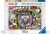 A puzzle with the words “Ravensburger Puzzle” at the top and the number ‘1000’ along the left side of the white bordered cover.  Below is an image of the finished puzzle, which features a drawing with a white rabbit wearing a flower-patterned top hat and sipping tea with a white-gloved hand in the center.  The rabbit is surrounded by a blue picture frame, and around that are flowers, clocks, teacups, and little white glove sets.  Little paper strips decorate around it, each filled with words that collectively say "I'm Late, but Fashionably So..."