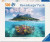 A puzzle with the words “Ravensburger Puzzle” at the top and the number ‘500’ along the left side of the white bordered cover.  Below is an image of the finished puzzle, which features a photograph taken from half above and half below the water level of a tropical reef.  This image captures both a beautiful spot of coral, teeming with life, and the nearby lush, forested island.