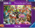 A puzzle with the words “Ravensburger Puzzle” at the top and the number ‘1000’ along the left side of the purple bordered cover.  Below is an image of the finished puzzle, which features a cartoon painting of a chaotic scene inside a cat-grooming studio.  Some cats sit in a sink, looking sad and sudsy, while many more roam free, getting into trouble or grieving their inability to eat through the anger bubble on their heads.  The groomer stands at the far end, the border of the image cutting out her face, as she runs a brush over the head of a long-haired tabby whose entire face is being pulled back by it.