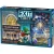 A board game titled “Exit: The Game - Family: The Trophy Case/Night at the Carnival” across the top and bottom of the cover.  The art features five animals in the center: a dog with a red cape and an eyepatch, a green parrot also wearing a red cape, a cat wearing a green headband, a hamster wearing a black eye mask, and a small green cricket wearing a green tuxedo and a stethoscope around their neck.  On either side of theme is a location: one is the facade of an ornate building with a sign out front that reads ‘Talent Show’ in large, colorful letters; on the other is a carnival with a Ferris wheel, merry-go-round, and balloons.