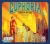 A board game titled "Euphoria: Essential Edition" in large, art deco font across the top of the image.  The art features a vintage, lineless, deco art style with a person with pale skin, short hair, and a red uniform standing on a podium in front of several hamster wheel-like contraptions with figures running in them.  They all stand before a city skyline bathed in gold and orange, with large rays of light spreading across the sky.  Each building has slices of blue through them in patterns reminiscent of circuitry.