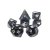 A set of 7 black and grey,  semi transparent polyhedral dice with silver numerals.  A cat icon sits on one side of each die, its tail curled beneath it.