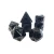 A set of 7 black, sparkly polyhedral dice with black numerals.  A cat icon sits on one side of each die, its tail curled beneath it.