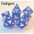 A set of 7 polyhedral dice with glittery, light blue, translucent resin and white numerals.  On one side of each, there is little dragon icon with its wings outstretched and a curled tail.