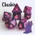 A set of purple and pink swirled polyhedral dice with pink numerals and cats on one side instead of numbers.  In the bottom right corner is a similarly purple and pink, cartoon cat with its back facing the audience and its head turned in a cheeky little grin.