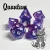 A set of seven light blue and purple, sparkly polyhedral dice with silver numerals and cats on one side instead of numbers.  In the bottom right corner is a grey and white cartoon cat surrounded by little purple sparkles.