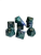 A set of 8 polyhedral dice, with 7 of the standard varying side ranges and 1 compass die with sides representing the 4 cardinal directions.  Each features opaque, sparkly, blue and green swirled resin and golden numerals.