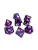 A set of 8 polyhedral dice, with 7 of the standard varying side ranges and 1 compass die with sides representing the 4 cardinal directions.  Each features opaque, sparkly, purple, blue and green swirled resin and white numerals.