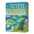 A board game titled "Seven Islands" in gold lettering across the top of the cover.  The art features a cartoon depiction of Easter island, with bright blue waters, patches of small, green islands, and a large, grey statue's head that depicts a stylize human form.