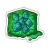 A sticker featuring a green, gelatinous cube.  A seven set of blue polyhedral deice floats inside.