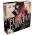 A board game titled “Fury of Dracula” in large, off-white gothic font in a diagonal across the center of the box.  The art features a parchment- patterned background with a black and white image of a vampire with a high, upright collar and a gothic castle bathed in red.  At the bottom is a small, horse drawn carriage climbing a winding path to said castle.