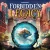 A board game titled "Forbidden Legacy" in whimsical font at the top, half in white, and the other half in yellow.  Below is a digital painting of a city in the background and a swirling blue portal within a mechanical frame in the center.  An island floating in the sky is visible through the portal, with tall city building peeking through the foliage.