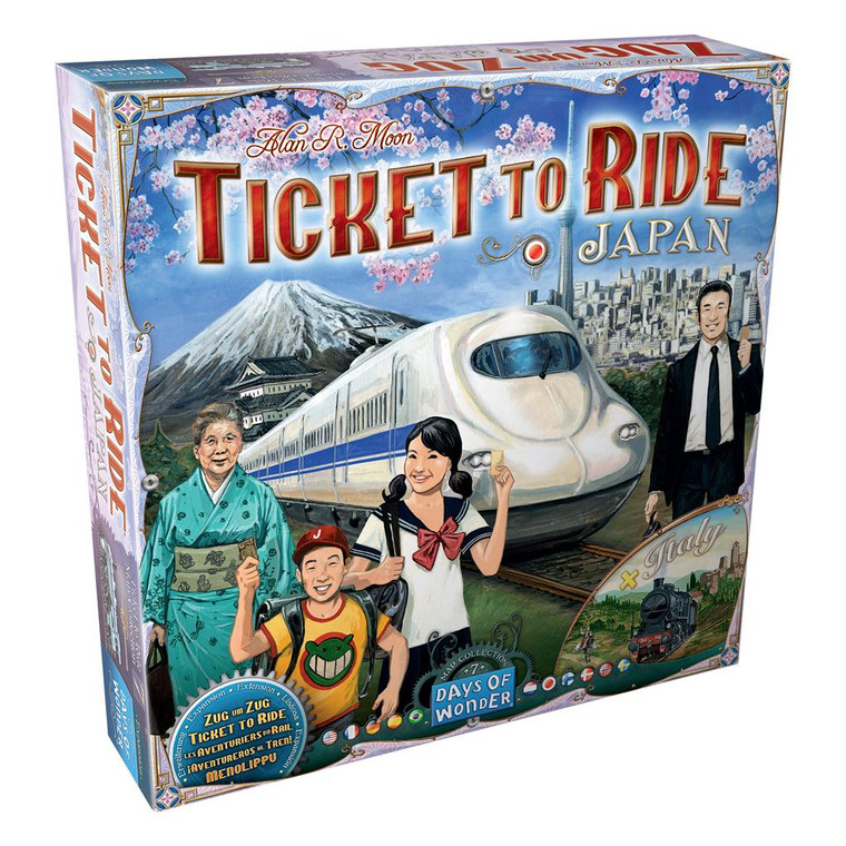 Board game box featuring game title and train illustration.