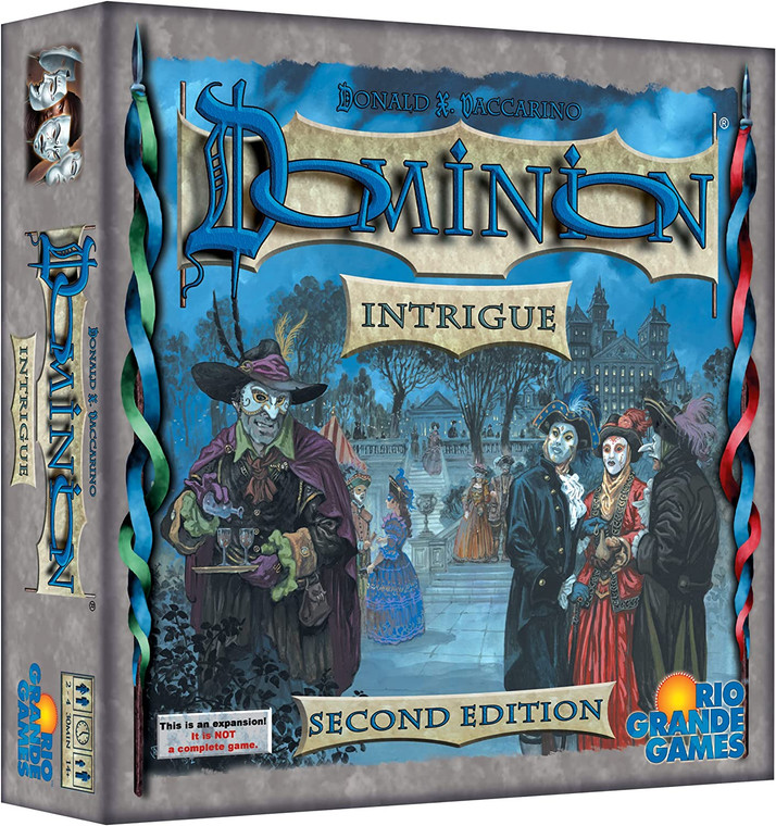 Gray box featuring title and cover art with masked patrons at a party, one poisoning wine