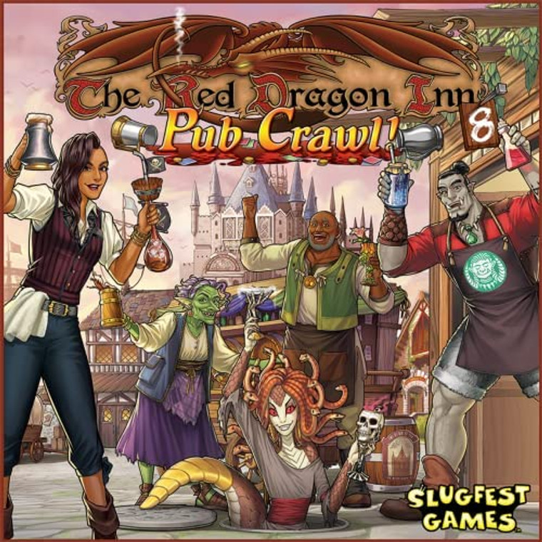 Game box featuring title and fantasy characters outside a pub