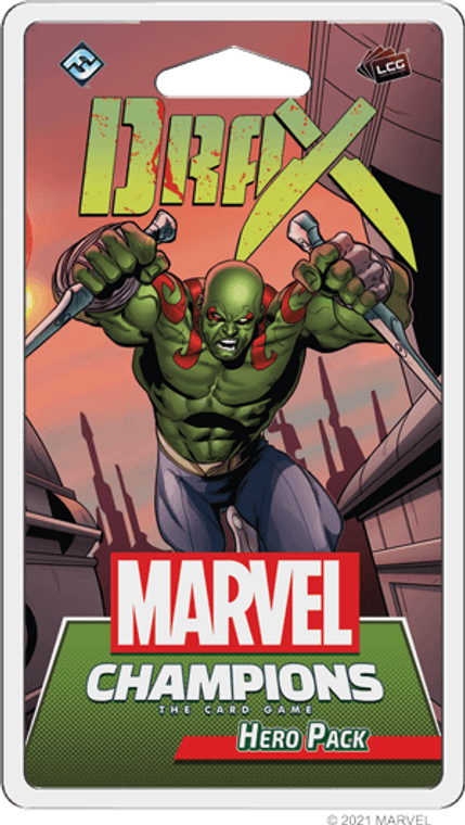 Plastic clamshell box featuring the game title and illustration of superhero, Drax.