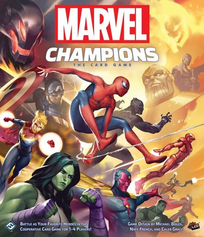 Board game box featuring the game title and an illustration of Marvel superheroes including Spider-Man, Iron Man, and She-Hulk.