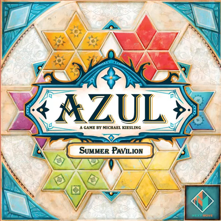 Board game box featuring game title and six star shaped tile designs in six different colors.