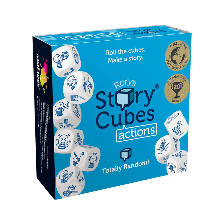 Small board game box featuring game title, light blue background and example dice.