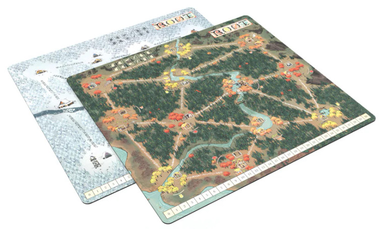 A playmat for the board game "Root" that comes with two sides: a fall side with interconnecting points of interest along a network of paths across the board, and a winter side that mirrors this, but with white snow instead of green, orange, and yellow trees.