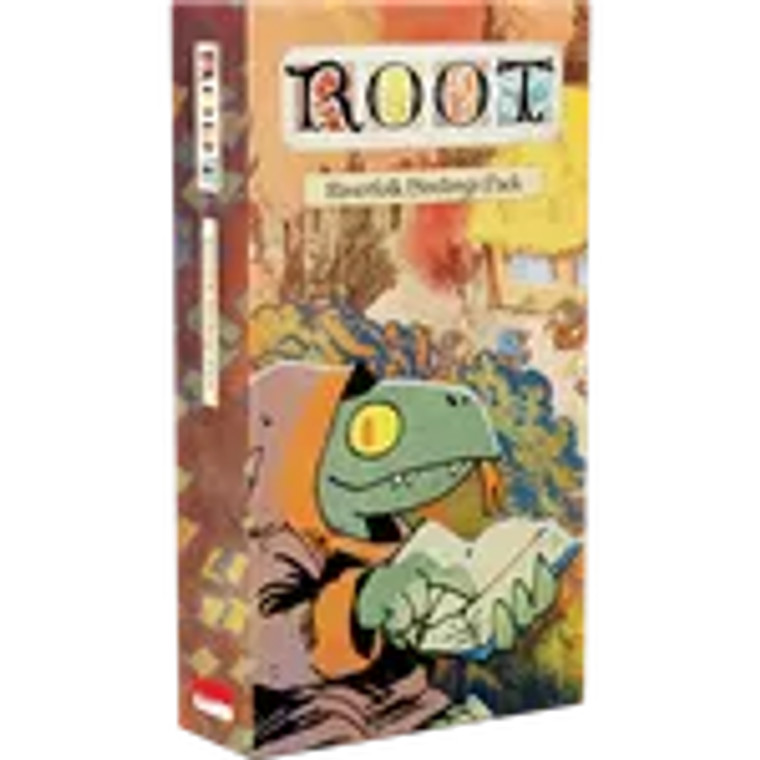 A small expansion box entitled "Root: Riverfolk Hirelings Pack".  The overall color scheme has a lot of light, washed out oranges and yellows with complimentary greens and purples.  The primary focus is a green lizard with a hooded coat and a book in their hand, their clawed finger motioning to the open page and their forked tongue sticking out.  Behind them is a river forest scene.