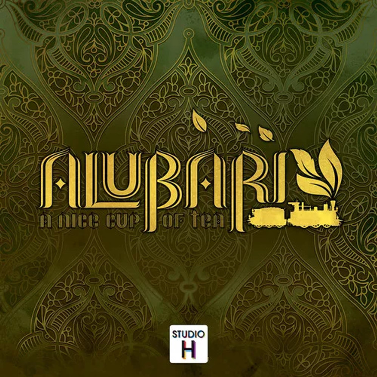 Board game box featuring game title and a dark green pattern with a train silhouette.