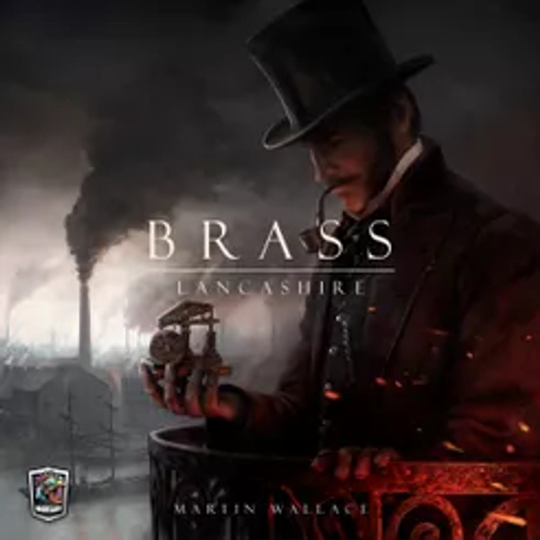 Board game box featuring game title and a distinguished business man in front of smokestacks.