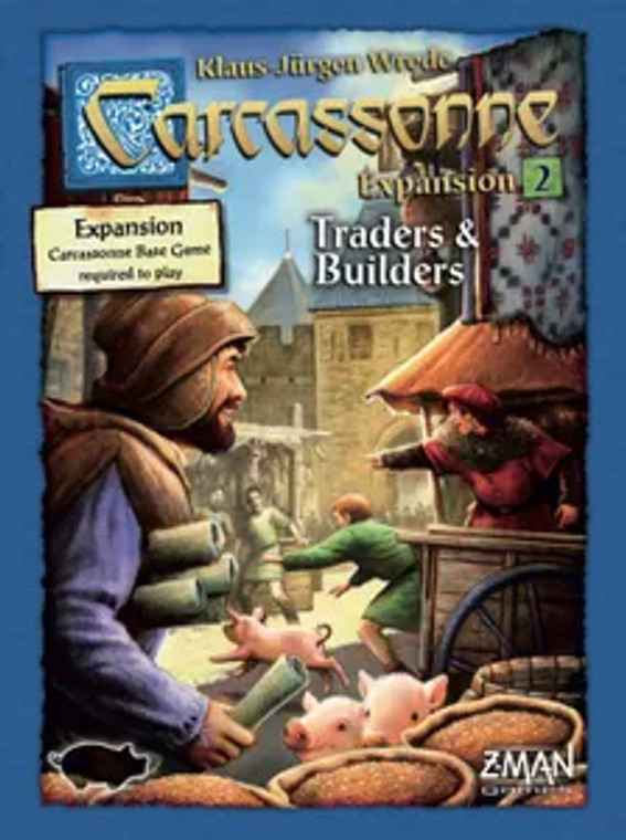 Board game box featuring game title and a market scene with pigs running