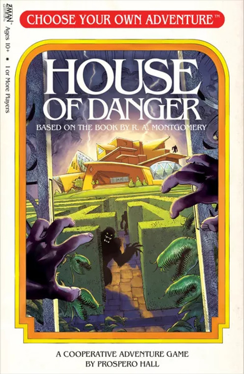 Board game box featuring game title and a strange looking house with a hedge maze before it.
